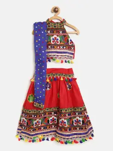 BownBee Girls Red & Blue Embroidered Ready to Wear Lehenga & Blouse with Dupatta