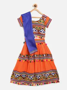 BownBee Girls Orange & Blue Embroidered Ready to Wear Chaniya Choli