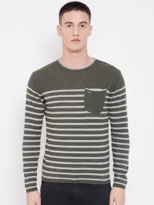 Duke Men Olive Green & Grey Striped Sweater