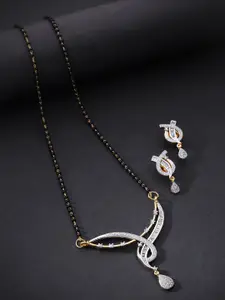 Priyaasi Black Gold-Plated Beaded & AD Studded Mangalsutra & Earrings Set