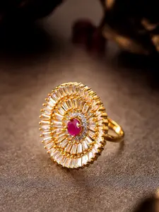 Priyaasi Pink Gold-Plated AD Studded Circular Handcrafted Adjustable Finger Ring