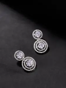 Priyaasi Silver-Toned Rhodium-Plated AD-Studded Handcrafted Circular Drop Earrings