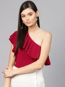 SASSAFRAS Women Maroon Solid One-Shoulder Ruffle Fitted Top