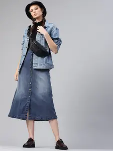 SASSAFRAS Blue Washed Midi Denim Pure Cotton A-Line Skirt