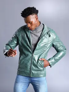 The Indian Garage Co Men Slim Fit Faux Biker Jacket with Zip Closure