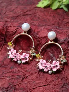 Shining Diva Fashion Gold-Toned  Pink Oxidised Floral Drop Earrings