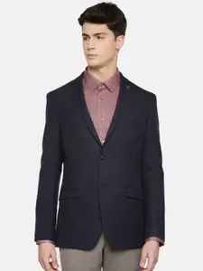 Theme Men Navy Blue Solid Fitted Single-Breasted Formal Blazer