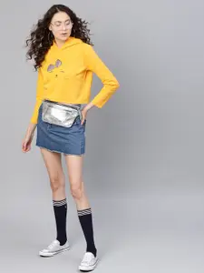 SASSAFRAS Women Yellow & Silver Printed Hooded Crop Sweatshirt