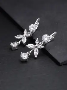 Priyaasi Silver-Toned Rhodium-Plated American Diamond Studded Floral Drop Earrings