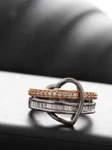 Priyaasi Rose Gold-Toned Gunmetal-Plated AD-Studded Handcrafted Heart Shaped Finger Ring