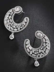 Priyaasi Silver-Toned Rhodium-Plated AD & CZ Studded Crescent Shaped Drop Earrings