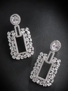 Priyaasi Silver-Toned Rhodium-Plated American Diamond Studded Geometric Drop Earrings