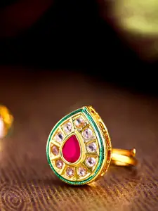 Priyaasi Red Gold-Plated Kundan-Studded Handcrafted Teardrop Shaped Adjustable Finger Ring