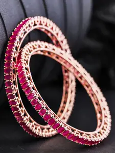 Priyaasi Set Of 2 Pink Rose-Gold Plated Stone Studded Handcrafted Bangles