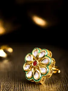 Priyaasi Red Gold-Plated Kundan-Studded Handcrafted Floral Shaped Adjustable Finger Ring