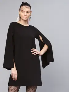 SASSAFRAS Women Black Solid Cape Sleeves Shift Dress