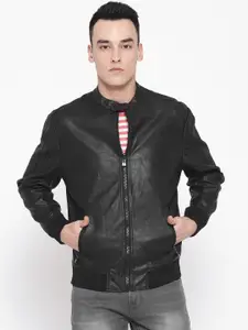 Blackberrys Men Black Slim Fit Solid Bomber Jacket