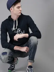 Campus Sutra Men Navy Blue Printed Hooded Sweatshirt