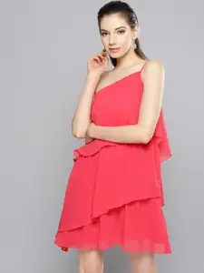 Besiva Women Coral Pink Solid One Shoulder Tiered A-Line Dress