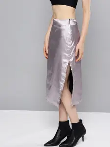 Besiva Women Lavender Satin Finish Solid Straight Skirt