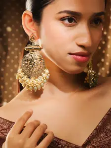 Rubans Traditional 22K Gold Plated Pearl and Grey Studded & Beaded Big Chandbali Earrings