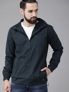 Roadster Men Navy Blue Solid Tailored Jacket with Detachable Hood