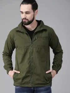 The Roadster Lifestyle Co Men Olive Green Solid Hooded Tailored Jacket with Detachable Hood