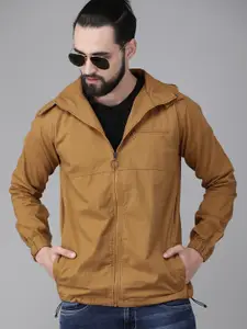 Roadster Men Khaki Solid Tailored Jacket with Detachable Hood