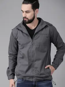The Roadster Lifestyle Co Men Grey Solid Tailored Jacket with Detachable Hood