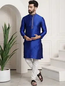 SOJANYA Men Blue & Off-White Self Design Kurta with Churidar