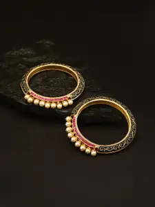 Priyaasi Set of 2 Pink Matte Finish Gold-Plated Stone Studded & Beaded Handcrafted Bangles