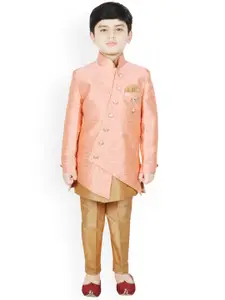 SG YUVRAJ Boys Peach-Coloured & Beige Foil Printed Raw Silk Kurta with Trousers