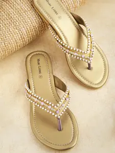 Marc Loire Women Gold-Toned & White Embellished Open Toe Flats