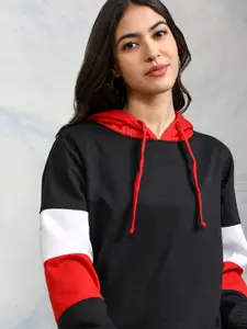 Tokyo Talkies Women Black & Red Solid Hooded Sweatshirt