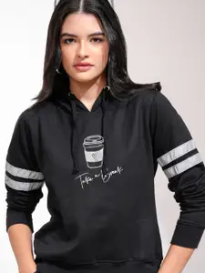 Tokyo Talkies Women Black & White Printed Hooded Sweatshirt