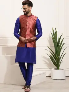 SOJANYA Men Blue & Maroon Self Design Kurta with Churidar & Nehru Jacket