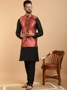 SOJANYA Men Black & Maroon Self Design Kurta with Churidar & Nehru Jacket