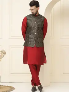 SOJANYA Men Maroon Solid Kurta Set  &  Nehru Jacket