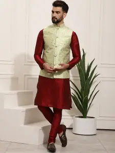 SOJANYA Men Maroon Solid Kurta Set & Nehru Jacket