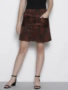 DOROTHY PERKINS Women Rust Brown & Black Animal Print A-Line Skirt