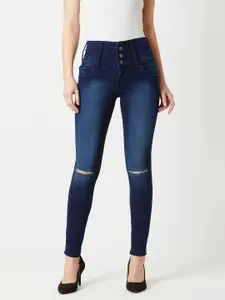 Miss Chase Women Navy Blue Skinny Fit High-Rise Slash Knee Stretchable Jeans