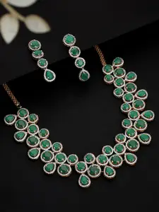 Rubans Women Gold-Plated Green Stone Studded Handcrafted Statement Necklace Set
