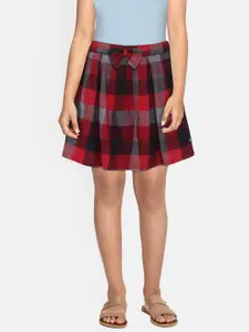 Gini and Jony Girls Red & Black Checked Pure Cotton Flared Skirt With Bow Detail