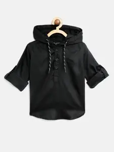 Gini and Jony Boys Black Regular Fit Solid Hooded Casual Shirt
