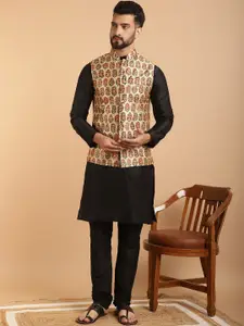 SOJANYA Men Black & Beige Solid Kurta with Churidar & Nehru Jacket