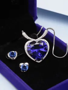 PANASH Women Silver Plated Blue CZ-Stone Studded Heart Shaped Pendant Set
