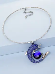 PANASH Sliver Plated & Blue Cubic Zirconia Studded Handcrafted Fish Shaped Necklace