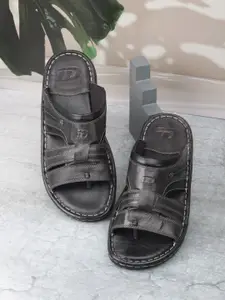 ID Men Black Solid Leather Comfort Sandals
