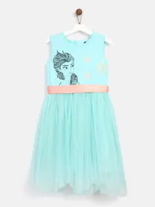 YK Disney Girls Blue Net Fit & Flare Dress with Disney Frozen Print