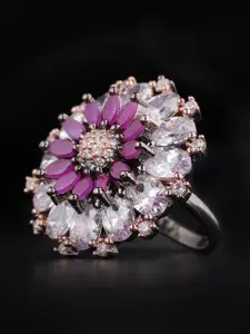 Priyaasi Purple Silver-Plated AD Studded Handcrafted Floral Adjustable Finger Ring